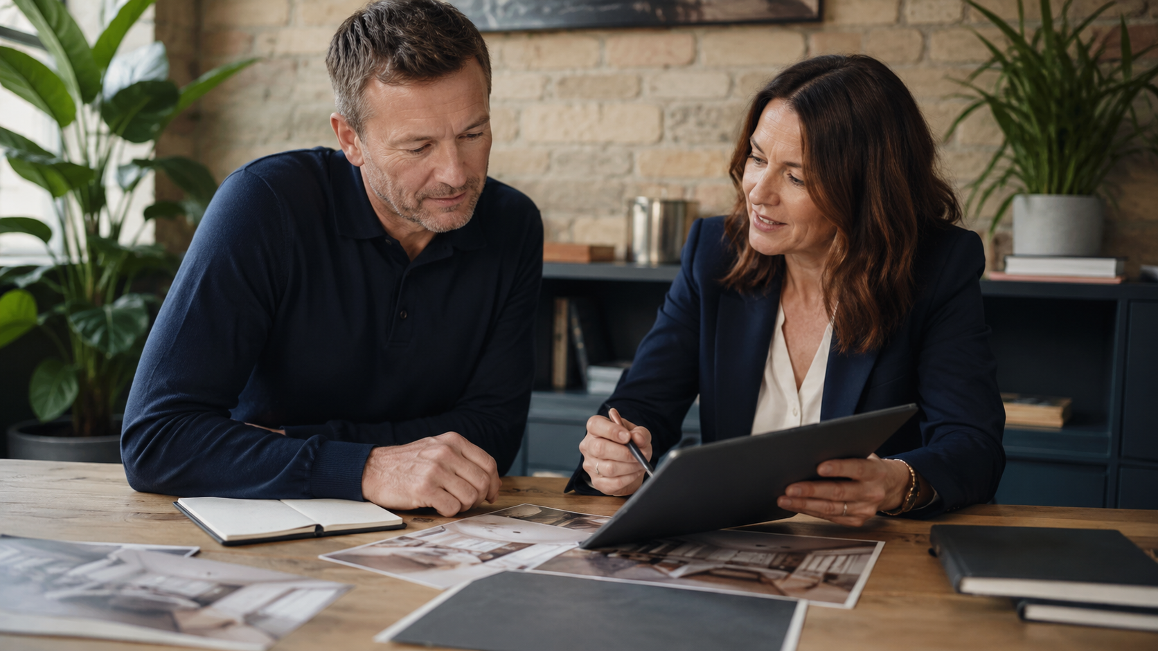 Business owner and adviser reviewing evidence behind a possible company announcement.