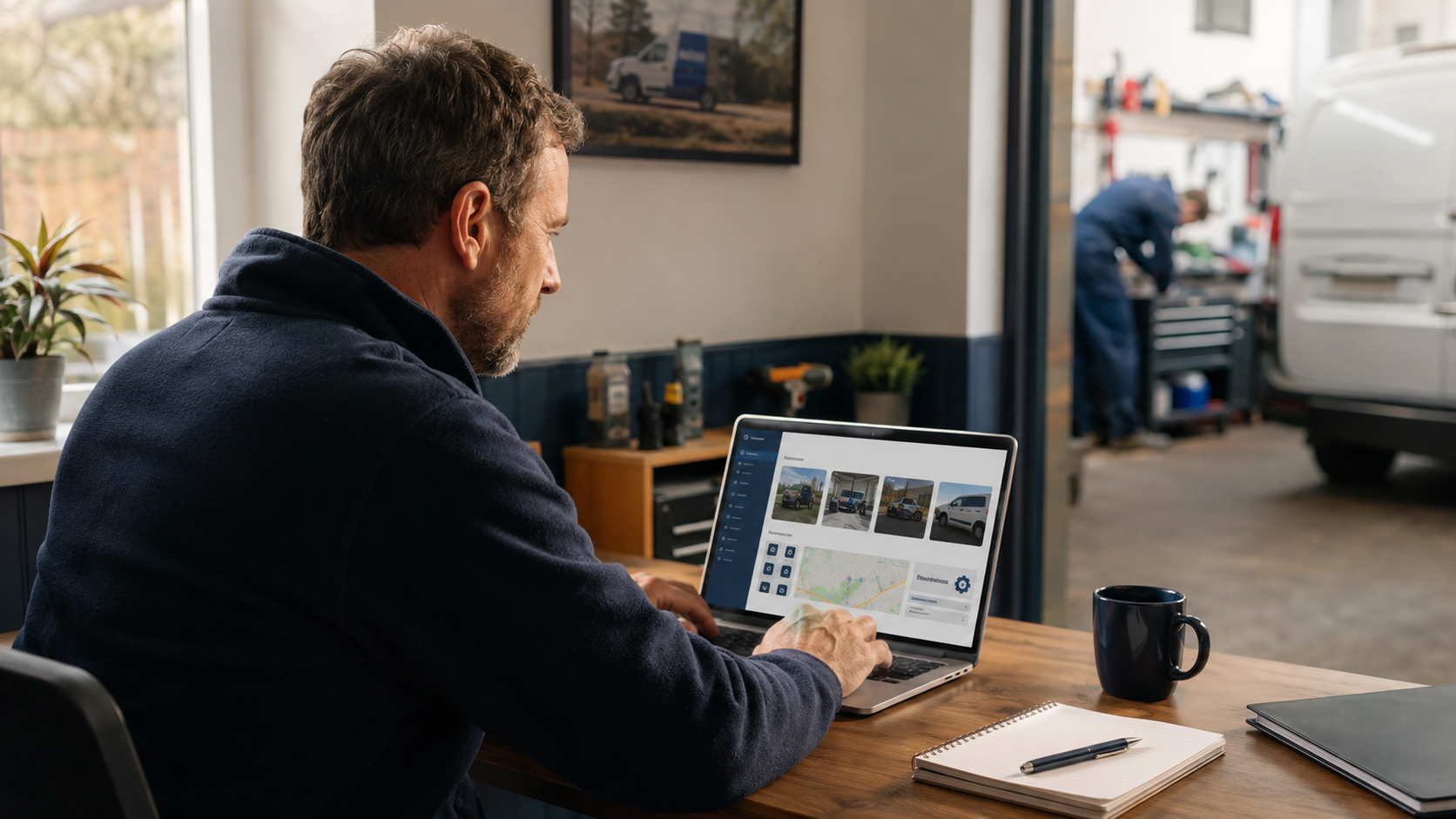 Local service business owner using a structured website management system in a workshop office.