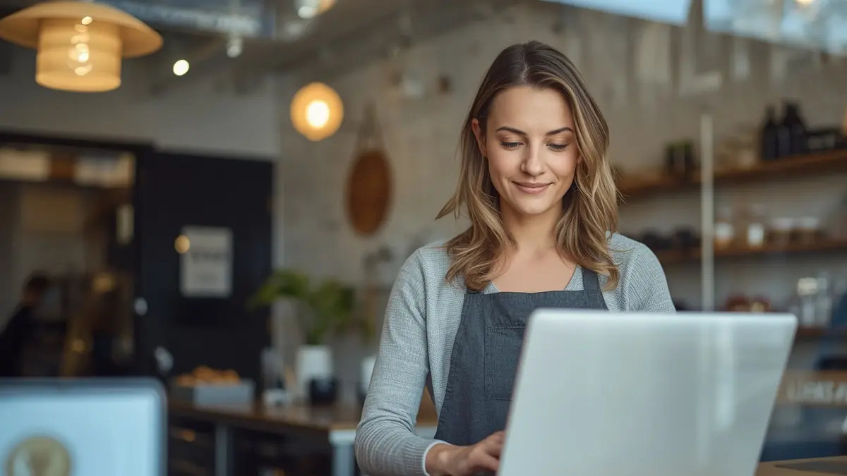 UK shop owner checking local search results on a laptop in a small business setting
