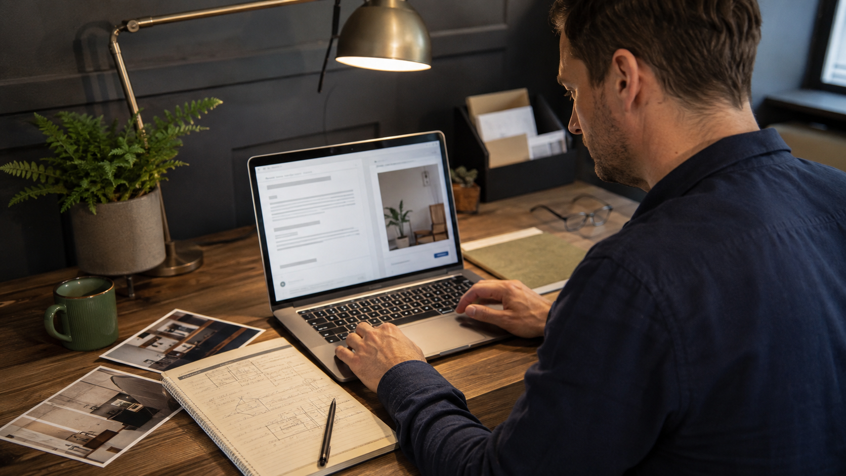 Local business owner using a press release generator with supporting project notes and photographs