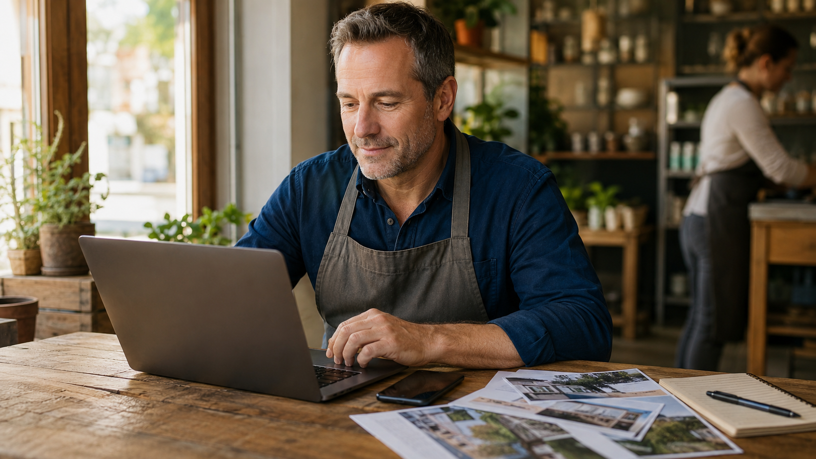 Local business owner connecting a genuine announcement with a website and wider online presence.