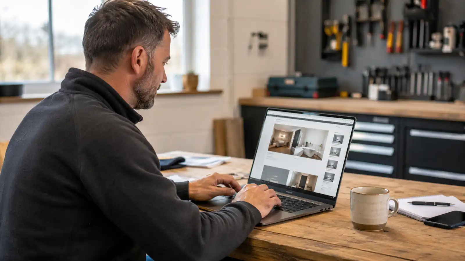 Local trades business owner updating service photographs on a laptop in a workshop office.