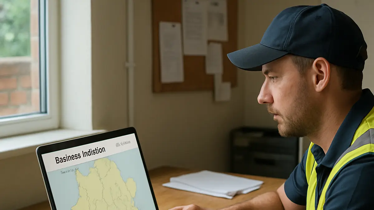 UK tradesperson checking a map and laptop showing a business website with service area pages