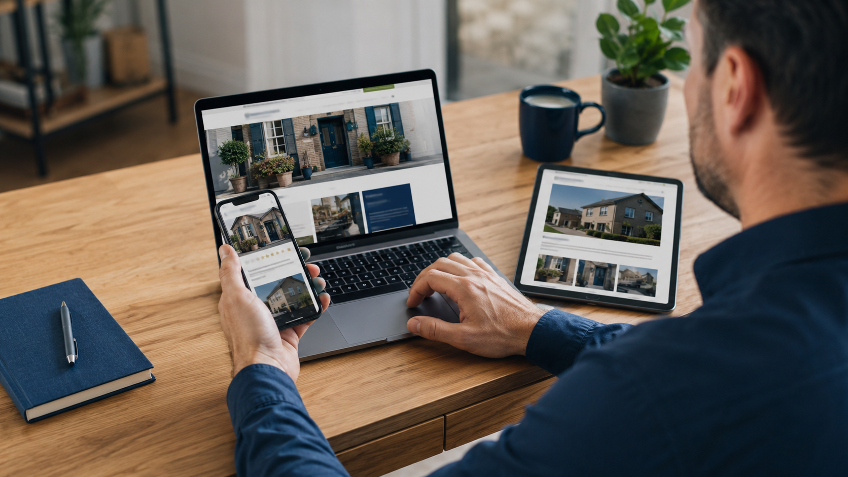 Business owner reviewing a website, business profile and published announcement across several devices