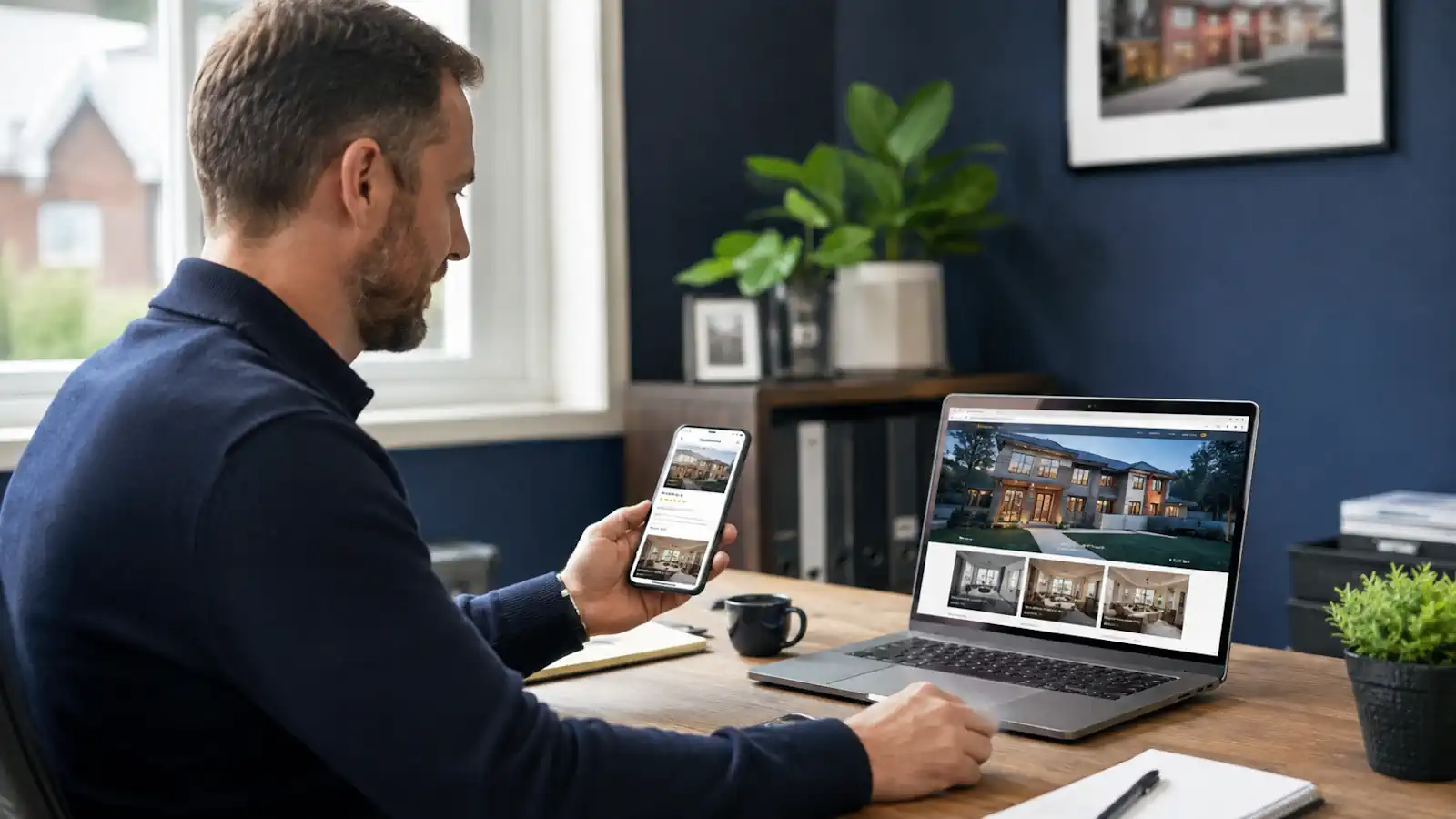 Local business owner comparing a Google Business Profile on a phone with a full service website on a laptop.