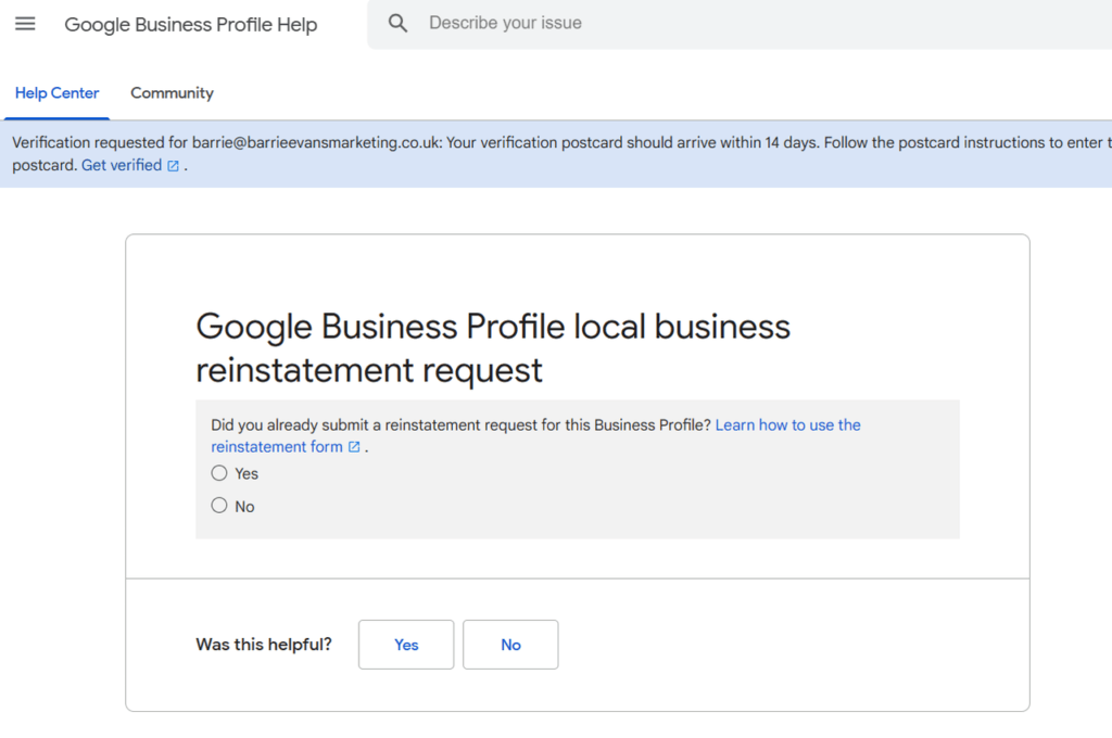 google reinstatement form