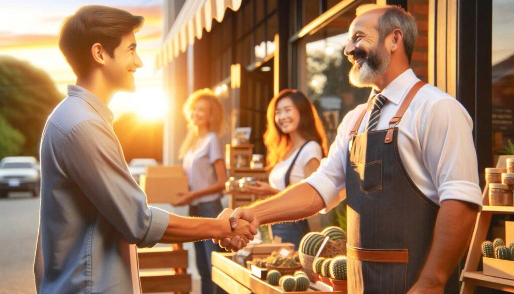 happy customer shaking hands with business owner